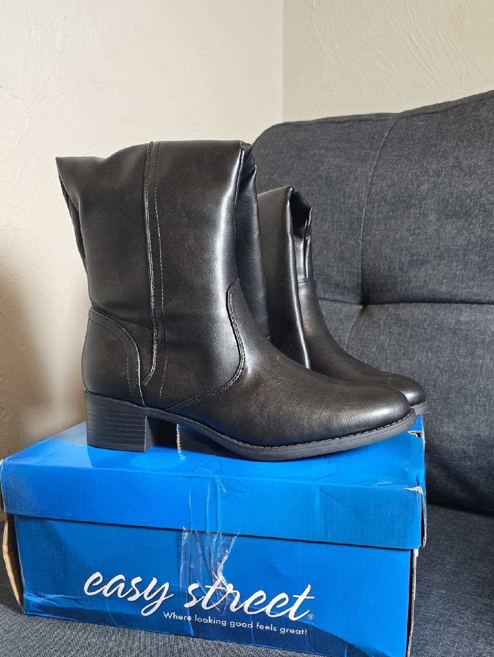 easy street Black Leather Mid-Calf Heeled Boots